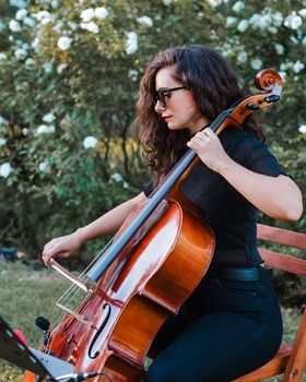 Violonchelista tocando frente a un rosal blanco